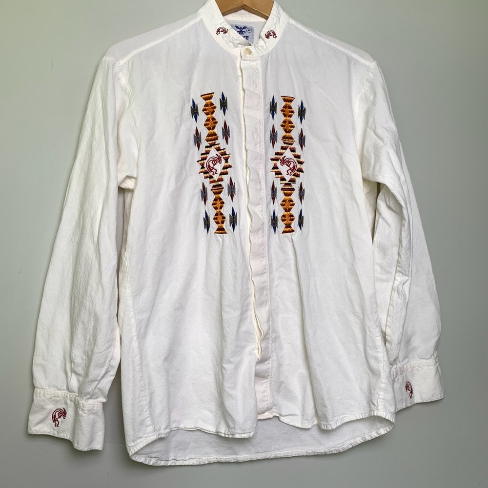 AYME VTG 90s Kokopelli Embroidered Tribal Collarless Button Down Shirt-Unisex M